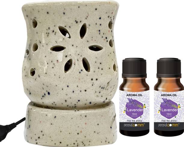 PeepalComm ceramic white electric diffuser lamp oil burner with 2 10ml lavender fragrance Aroma Oil, Diffuser Set, Refill Suitable for Room office restaurant hotel spa living room gym bar Air Freshener etc. (Size: 10 x 8 cm, Brown) with 1 extra bulb