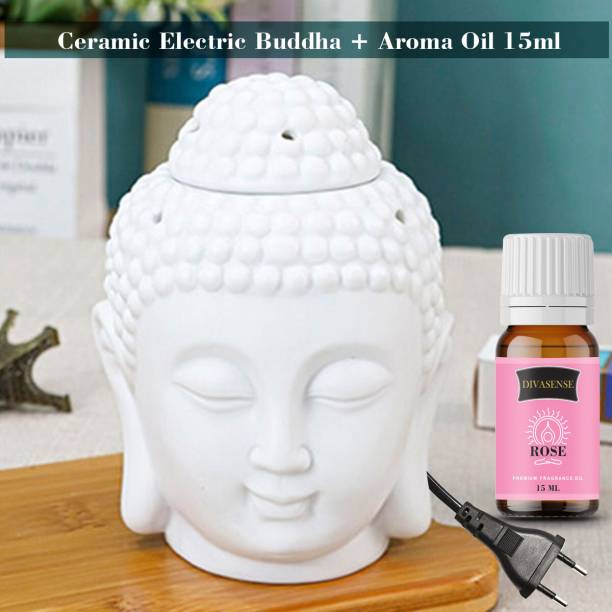 Divasense Ceramic Buddha Head Electric Oil Burner With Fragrance Oil, Rose Aroma Oil, Diffuser Set