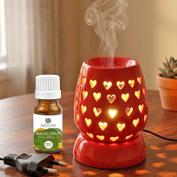 Aatiutik Magic Fruit Home Fragrance Air Freshener Diffuser Set Electric Ceramic Aroma Diffuser Kapoor Dani Camphor Diffuser with Aroma Oil | Aroma Diffuser & Oil Burner | Heart Design Plug-in Air Freshener for Home, Office, Hotel, Spa & Puja Room