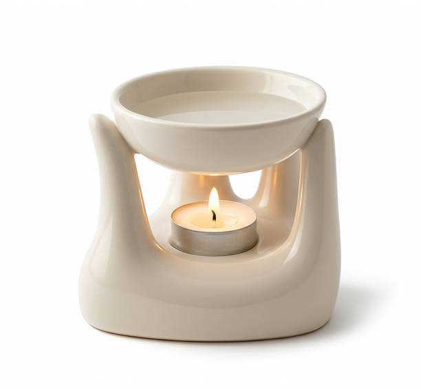 Floryn decor Scented Diffuser Set Ceramic Aroma Oil Diffuser Burner for Home Fragrance | Hand Shaped Essential Oil Burner with Tealight Candle Cream