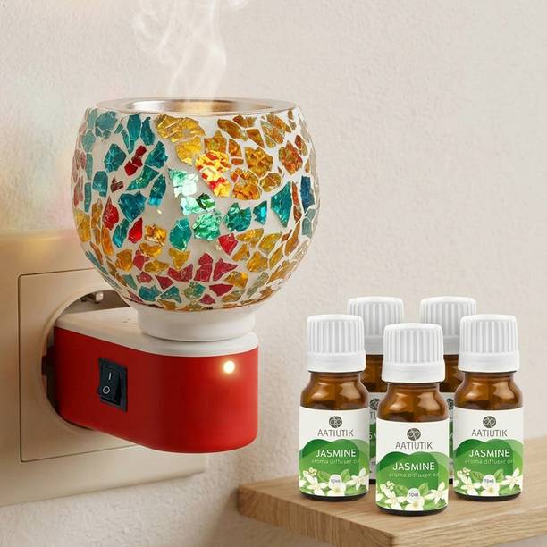 Aatiutik Jasmine Fragrance air freshener Diffuser Set Electric Camphor Diffuser with Fragrance Aroma Oils | Mosaic Glass Kapoor Dani Night Lamp | Plug-in Aroma Oil Burner for Home, Office, Hotel, Spa & Temple