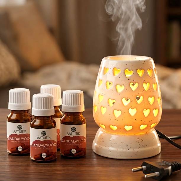 Aatiutik Sandalwood Home Fragrance Air Freshener Diffuser Electric Aroma Diffuser with set of 4 Aroma Oils, Handcrafted Ceramic Heart Cutwork Oil Burner/Camphor diffuser for Home, Bedroom & Office