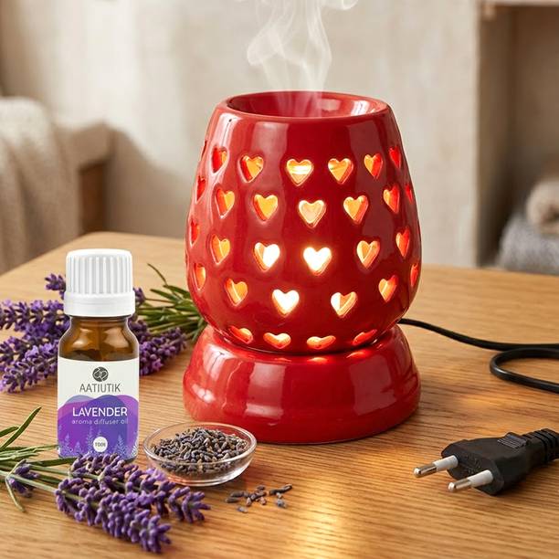 Aatiutik Lavender Home Fragrance Air Freshener Diffuser Set Electric Ceramic Aroma Diffuser Kapoor Dani Camphor Diffuser with Aroma Oil | Aroma Diffuser & Oil Burner | Heart Design Plug-in Air Freshener for Home, Office, Hotel, Spa & Puja Room