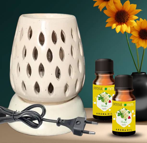 PeepalComm Mogra Scented Electric Ceramic Diffuser Aroma Oil Burner Lamp With 2 10ml Aroma Oil, Diffuser Set, Refill Suitable for Room office restaurant spa living room gym bar Air Freshener etc. (Size: 11 x 9 cm, White) with 1 extra bulb