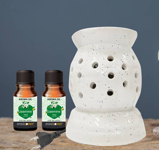 PeepalComm White Electric Diffuser, Aroma Oil Burner, Lamp With 2 10ml Each Jasmine Aroma Oil, Diffuser Set, Refill Perfect for Room office restaurant spa living room gym bar etc.(Size: 10 x 8 cm, White) with 1 extra bulb