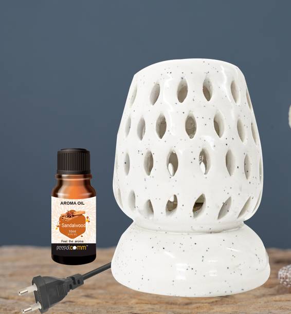 PeepalComm S3 Premium Electric Aroma Oil Burner, Diffuser Lamp With 1 10ml Sandalwood Aroma Oil, Diffuser Set, Refill Perfect for Air Freshener, Room freshener, Home Décor & Gifting Purpose (Size: 11 x 9 cm, White) With 1 bulb Extra, Sandalwood Fragrance