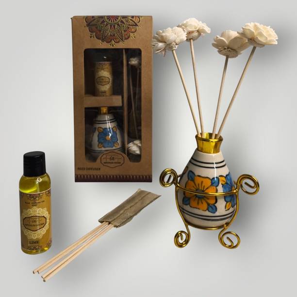 IMPERIUM AROMA Painted Reed Diffuser Set | Ceramic Pot with Stand | 8 Rattan Sticks | Lime Diffuser Set 50 ml | Aromatherapy Kit | Stress Relief & Relaxing for Home & Office
