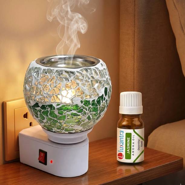 Luxantra Jasmine Home Fragrance Air Freshener Diffuser Set Electric Kapoor Dani Camphor Diffuser with Night Lamp | Mosaic Glass Aroma Oil Burner | Plug-in Essential Oil & Camphor Diffuser | Smoke-Free Fragrance Diffuser for Home, Office, Spa, Hotel & Temple (White & Green)