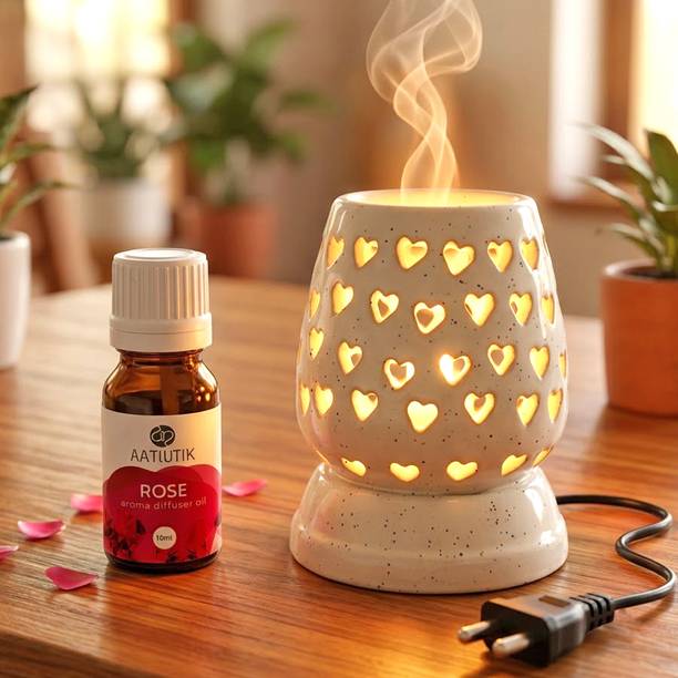 Aatiutik Rose Home Fragrance Air Freshener Diffuser Electric Ceramic Aroma Diffuser with Heart Cutwork | Camphor, Essential Oil Burner & Fragrance Diffuser for Home, Bedroom, Office & Meditation