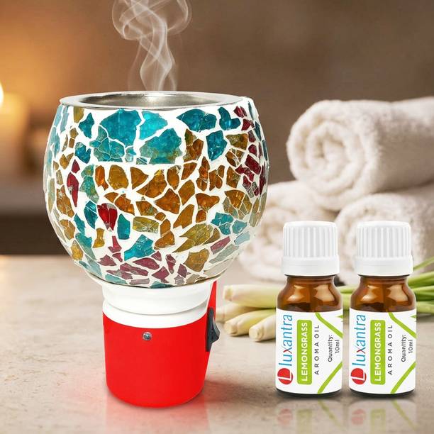 Luxantra Lemongrass Fragrance Air Freshener Diffuser Set Electric Kapoor Dani Camphor Diffuser with Mosaic Steel Bowl | Aroma Oil Diffuser & Night Lamp | Camphor Burner for Home Fragrance & Pooja