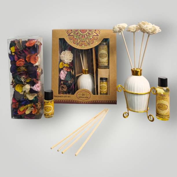 IMPERIUM AROMA Tropical Sunset Reed Diffuser Set | Gift Pack | 50 ml Oil Diffuser, Potpourri 50 g with 15 ml Oil | 8 Rattan Sticks | Soft Floral Scent for Livingroom, Bedroom & Offices