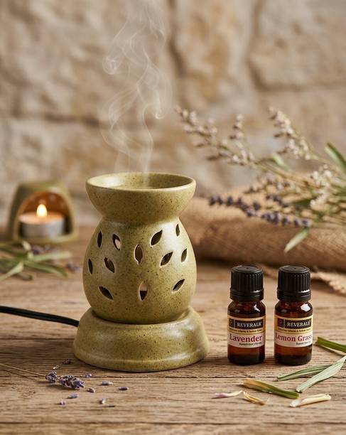 DEVERAUX LAVENDER, LEMON GRASS Diffuser SMALL POT CERAMIC WHITE BALL SHAPE ELECTRIC OIL DIFFUSER FOR HOME FRAGRANCE (WITH 02 PC 10 ML AROMA OIL LAVENDER & LEMON GRASS)