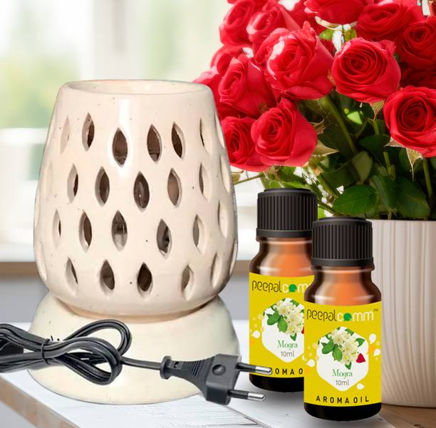 PeepalComm S2 Mogra Scented Electric Ceramic Diffuser Aroma Oil Burner Lamp With 2 10ml Aroma Oil, Diffuser Set, Refill Suitable for Room office restaurant spa living room gym bar Air Freshener etc. (Size: 11 x 9 cm, White) with 1 extra bulb