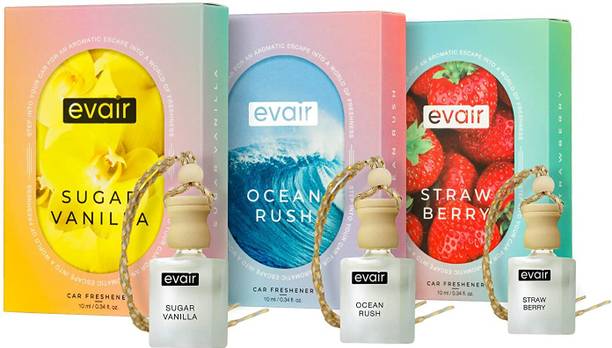 EVAIR Vanilla, Strawberry, Ocean Rush Car Freshener Diffuser Combo Pack of Car Air Freshener with Essential Oils Fragrances