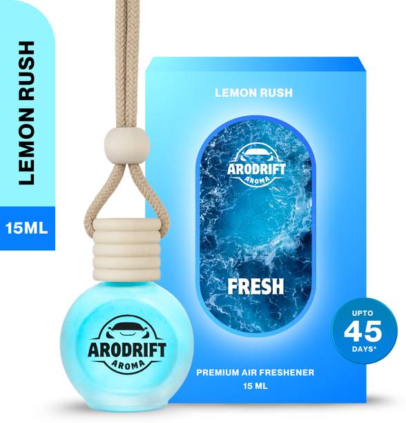 AroDrift Lemon Rush Aroma Oil, Diffuser Set, Refill Premium Hanging Car Perfume Pack Of 1 Lemon Rush Last Up to 30 Days Car Accessories Natural Essential Fragrance Oils in Glass Bottle with Wooden Diffuser Lid 15ML