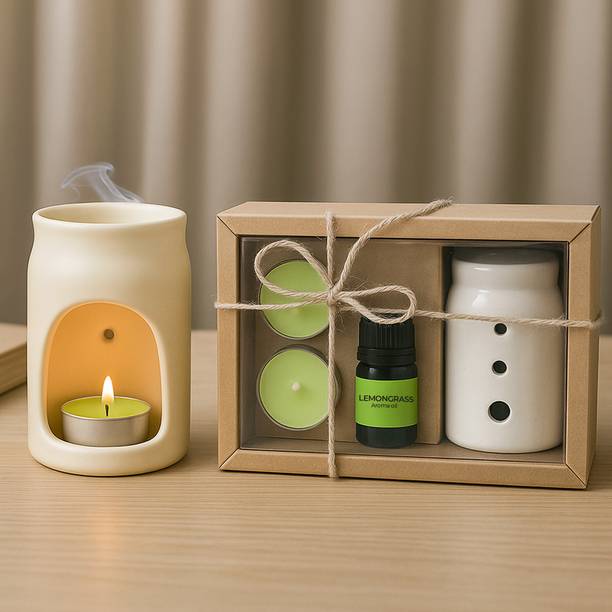 Floryn decor Lemongrass Diffuser Set Aroma Diffuser Set – Ceramic Oil Burner with 2 Tealight Candles & 10ml Essential Oil