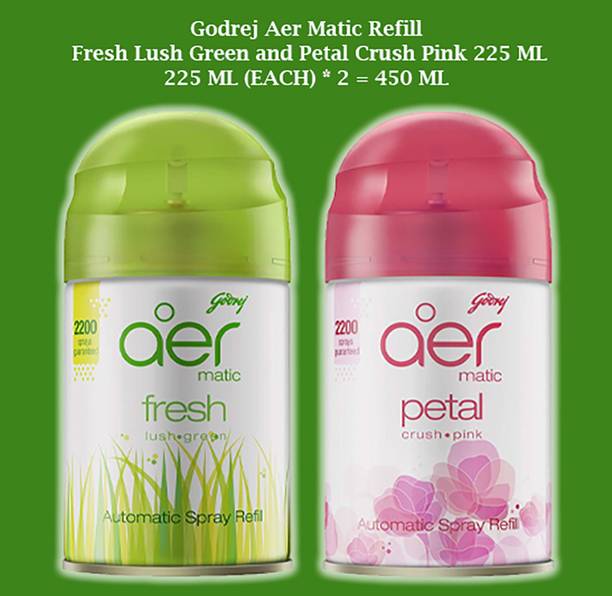 Godrej Aer FRESH LUSH GREEN, PETAL CRUSH PINK Refill MATIC LUSH GREEN AND PETAL CRUSH 225ML
