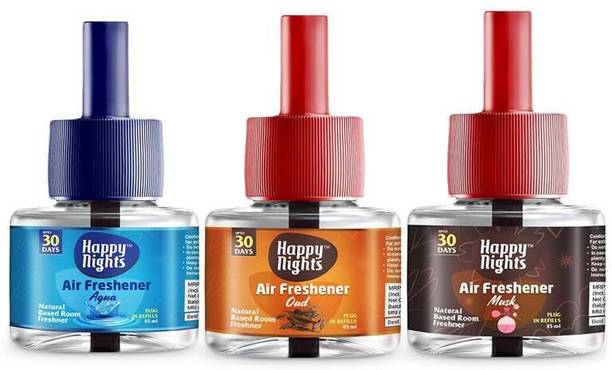 Shadow Happy Nights Aqua, Oud, Musk Refill Plug In Room Freshener Combo | Aqua, Oud & Musk Fragrance | Floral Room Freshener for Home, Office, Bedroom & Bathroom | Long-Lasting & Safe | 3 Refills (45ml Each) + 1 Machine