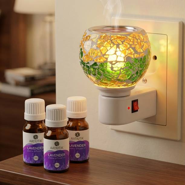 Aatiutik Lavender Home Fragrance Air Freshener Diffuser Set Premium Electric Camphor Kapoor Dani & Aroma Oil Burner Diffuser with Set of 3 (10ml Each) Aroma Oils| Night Lamp Light | Plug-in Ceramic Mosaic Fragrance Diffuser | Essential Oil Burner | Camphor Burner | Home, Office, Hotel, Spa & Temple Air Freshener (White & Green)