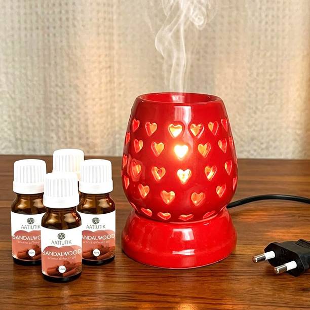 Aatiutik Sandalwood Home Fragrance Air Freshener Diffuser Set Heart Shape Electric Aroma Diffuser with 4 Aroma Oils | Ceramic Fragrance Oil Burner for Home, Bedroom, Living Room, Hotel, Spa & Office | Red