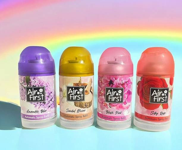 Air first ROSE, PINK BLUSH, LAVENDER, SANDAL COMBO PACK OF 4 PCS Automatic Spray AIR FRESHNER REFILL FOR AUTOMATIC SPRAY MACHINE PACK OF 4 PCS