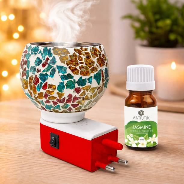 Aatiutik Jasmine Fragrance Room Freshener Diffuser Set Electric Kapoor Dani Camphor Diffuser with Aroma Oil | Ceramic Essential Oil Burner with Steel Bowl on top | Plug-in Fragrance Diffuser for Home, Office & SPA, Hotel