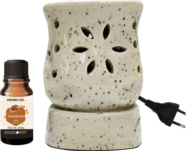 PeepalComm ceramic white electric diffuser lamp oil burner with 1 10ml sandalwood fragrance Aroma Oil, Diffuser Set, Refill Suitable for Room office restaurant hotel spa living room gym bar Air Freshener etc. (Size: 10 x 8 cm, Brown) with 1 extra bulb