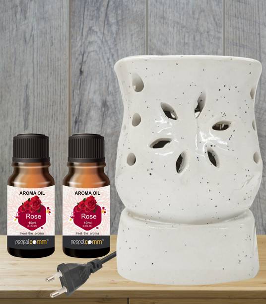 PeepalComm S2 White Electric Diffuser, Aroma Oil Burner, Lamp With 2 Rose Aroma Oil, Diffuser Set, Refill Perfect for Air Freshener, Room freshener, Home Décor & Gifting Purpose (Size: 10 x 8 cm, White Rose ) with 1 extra bulb