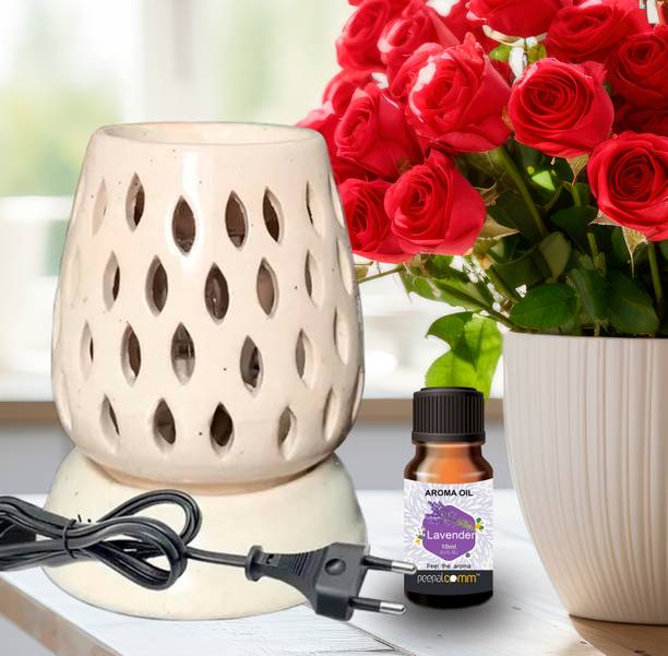 PeepalComm S3 Lavender Scented Electric Ceramic Diffuser Aroma Oil Burner Lamp With 1 10ml Aroma Oil, Diffuser Set, Refill Suitable for Room office restaurant spa living room gym bar Air Freshener etc. (Size: 11 x 9 cm, White) with 1 extra bulb