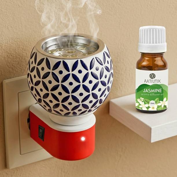 Aatiutik Jasmine Fragrance air freshener Diffuser Set Electric Kapoor Dani Camphor Diffuser with Ceramic Bowl | Plug-in Aroma Oil Burner & Essential Oil Diffuser | Air Freshener for Home, Puja Room, Office & Meditation