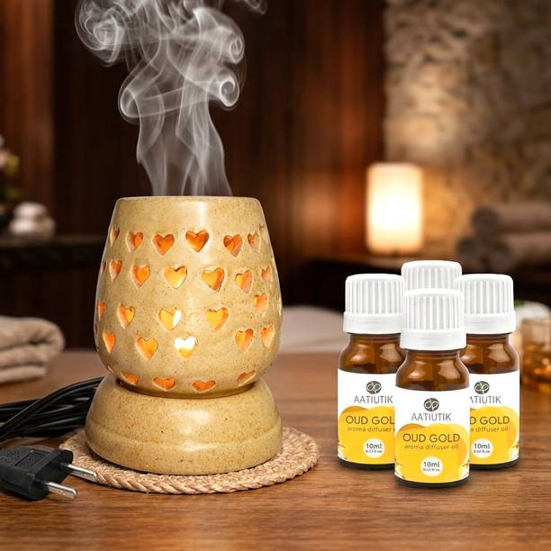 Aatiutik Oud Gold Home Fragrance Air Freshener Diffuser Handcrafted Ceramic Electric Aroma Oil Diffuser with Set of 4 Fragrance Oils (10ml each) | Heart Cutwork Home Fragrance Diffuser & Decorative Lamp