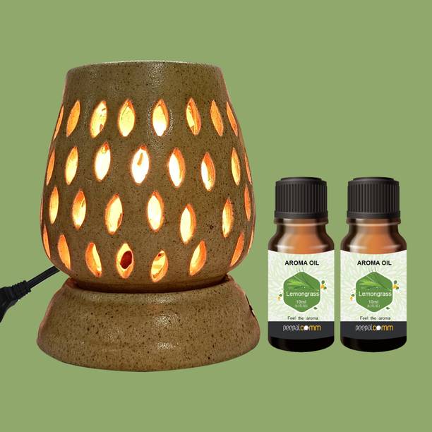 PeepalComm S2 brown electric diffuser lamp oil burner with 2 10ml lemongrass scented Aroma Oil, Diffuser Set, Refill Best for Room office restaurant spa living room gym bar Air Freshener etc. (Size: 11 x 9 cm, Brown) with 1 extra bulb