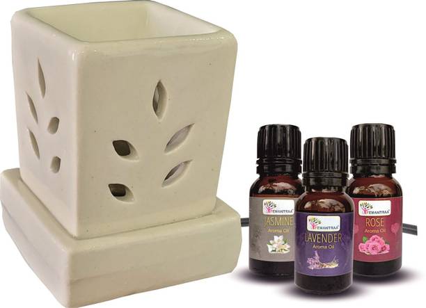 lifemantraa Ceramic Electric Diffuser Burner Set with 3 Aroma Oil & Bulb, White Square Shape Diffuser Set Ceramic Electric Diffuser for Home Fragrance Burner for Air Freshener with Rose, Mogra and Lavender Aroma Oil for Room Fresheners and Bulb (White Square Shape)