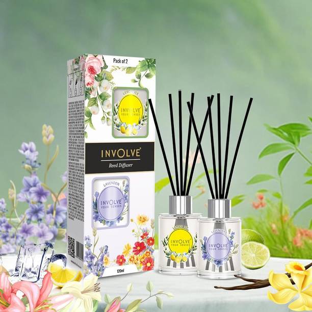 Involve Pura Reed Diffuser Set- Lavender & Lemon Ice - 120 ml | Diffuser Oil with Free 10 Reed Sticks | Room Freshener for Home, Bedroom, Living Room & Office | Gifts Set | New Home Gift Items