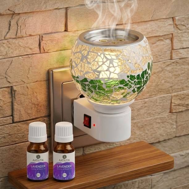 Aatiutik Lavender Home Fragrance Air Freshener Diffuser Set Premium Electric Kapoor Dani Camphor Diffuser with 2 Aroma Oil Bottles (10ML Each) | Plug-in Ceramic Aroma Oil Burner | Night Lamp Light | Glass Mosaic Fragrance Diffuser for Home, Office, Temple & Meditation