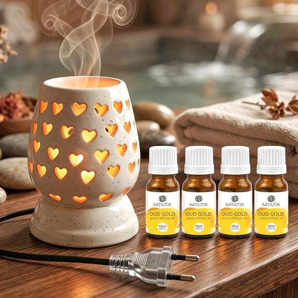 Aatiutik Oud Gold Home Fragrance Air Freshener Diffuser Electric Aroma Diffuser with set of 4 Aroma Oils, Handcrafted Ceramic Heart Cutwork Oil Burner/Camphor diffuser for Home, Bedroom & Office