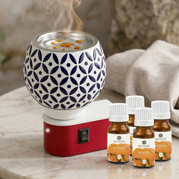 Aatiutik Mogra Fragrance Air Freshener Diffuser Set Electric Kapoor Dani Camphor Diffuser with 4 Aroma Oils | Ceramic Essential Oil Burner Night Lamp Light | Plug-in Fragrance Diffuser for Home, Office, Meditation, Pooja Room & Aromatherapy