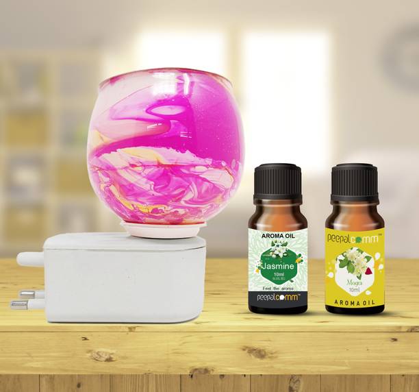 PeepalComm Home Scented Marble Printed Electric Burner Lamp+2 Jasmine & Mogra (10ml Each ) Aroma Oil, Diffuser Set, Refill Premium Ceramic Electric Air Freshener Burner Cum Night Lamp with Switch to Toggle Between Burner and Lamp With 2 Aroma Oil ( 10ml Each) Mogra gift Set