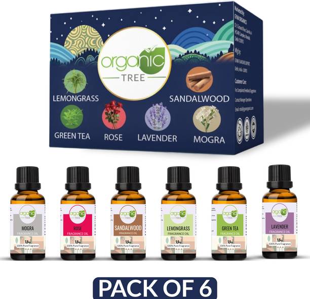 ORGANIC TREE Rose, Mogra, Lemongrass, Lavender, Sandalwood, Green Tea Aroma Oil, Diffuser, Diffuser Set, Refill, Spray, Automatic Spray Aroma Diffuser Oil Set | Lemongrass, Lavender, Mogra, Rose, Sandalwood, Green Tea | Diffuser Refil Oil For Fragrance- Home, Office, Washroom & Aromatherapy
