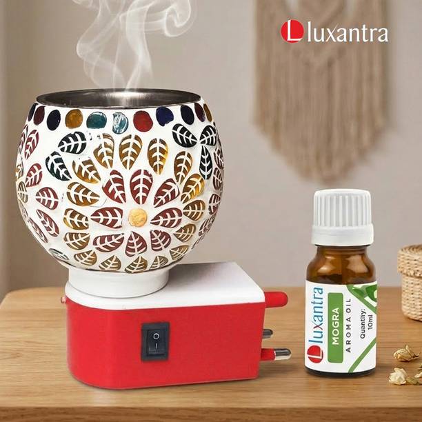 Luxantra Mogra Fragrance Air Freshener Diffuser Set Handcrafted Electric Kapoor Dani Camphor Diffuser Night Lamp Light with Aroma Oil Burner | Ceramic Leaf Design Plug-in Air Freshener for Home, Office, Spa, Hotel, Temple & Meditation