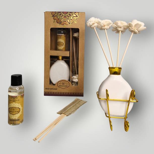 IMPERIUM AROMA Lavender Reed Diffuser Set |Ceramic Pot with Brass Neck| 8 Reed Sticks| Diffuser Oil 50 ml | Floral-Relaxing Scent for Bedroom, Living Room and Office
