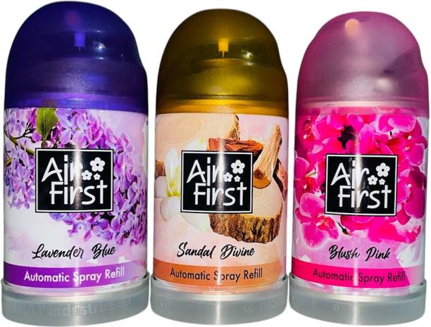 Air first LAVENDER, PINK BLUSH, SANDAL 225ML(134 GM) EACH QTY COMES WITH NATURAL FRAGRANCE Automatic Spray AIR FRESHNER REFILL FOR AUTOMATIC SPRAY MACHINE PACK OF 3 PCS FOR ALL TYPES OF MACHINES