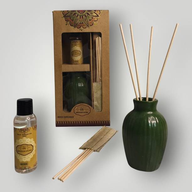 IMPERIUM AROMA Premium Ceramic Reed Diffuser | Rose Fragrance Oil 50ml with 8 Rattan Sticks Diffuser Set For Living Room, Bedroom, Office & Gifting