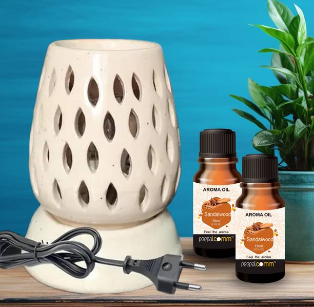 PeepalComm Sandalwood Scented Electric Ceramic Diffuser Aroma Oil Burner Lamp With 2 10ml Aroma Oil, Diffuser Set, Refill Suitable for Room office restaurant spa living room gym bar Air Freshener etc. (Size: 11 x 9 cm, White) with 1 extra bulb