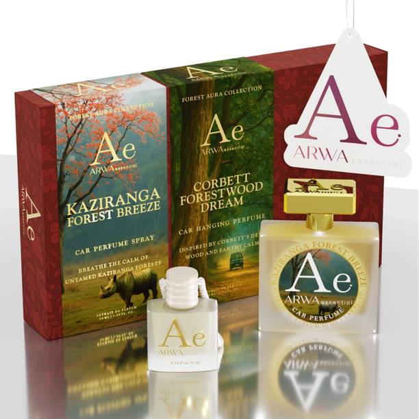 Ae Arwa Essential Corbett Forestwood Dream Hanging 10ml + Kaziranga Forest Breeze 50ml Car Freshener Diffuser Woody Earthy & Green Forest Car Fragrance | Luxury