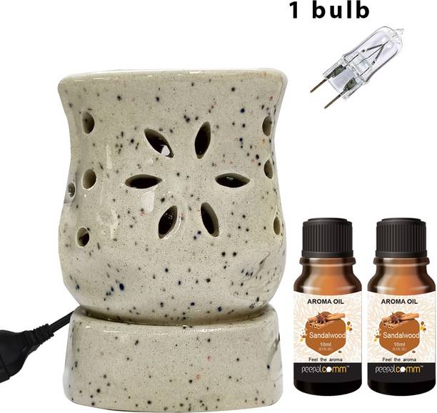 PeepalComm ceramic white electric diffuser lamp oil burner with 2 10ml Sandalwood fragrance Aroma Oil, Diffuser Set, Refill Suitable for Room office restaurant hotel spa living room gym bar Air Freshener etc. (Size: 10 x 8 cm, Brown) with 1 extra bulb