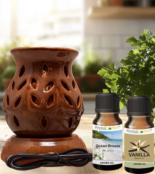 PeepalComm Electric Diffuser Brown Perfect for Essential Oils, Spa, Diwali Gifting Diffuser Set S6 Premium Electric Ceramic Aroma Diffuser With 2 Scented Oil 15ml Each