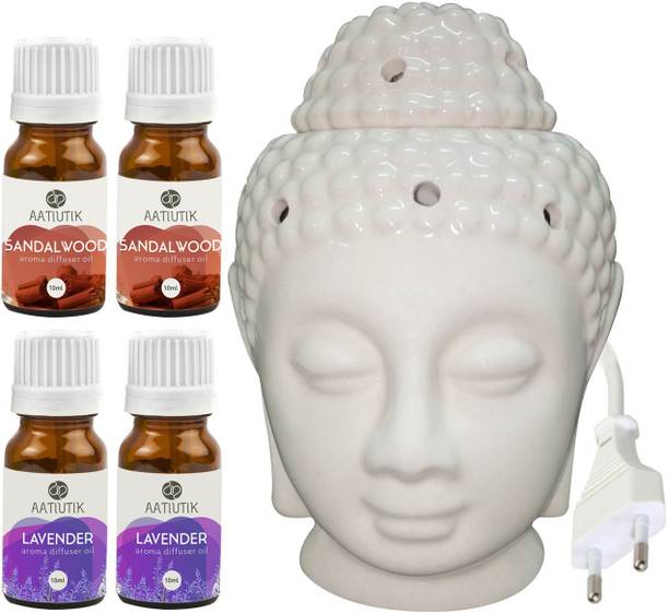 Aatiutik Lavender Aroma Diffuser Oil with Electric Ceramic Buddha Head (Made In India) Aroma, Sandalwood Diffuser Set AT-EBUDDHAINDIAN-2SW-2LV