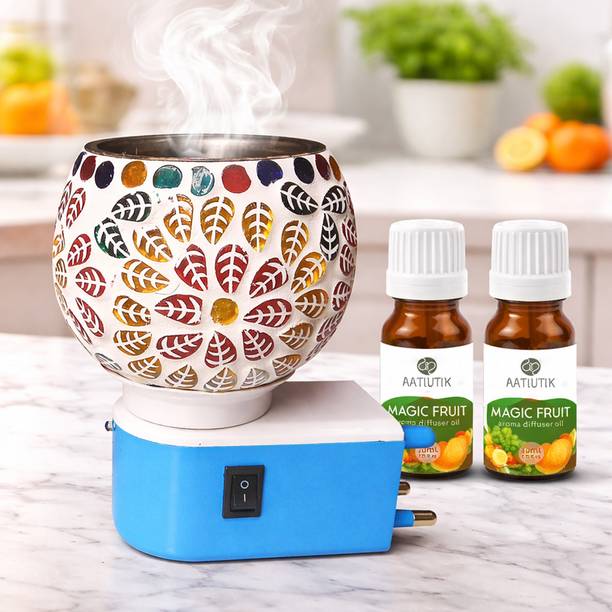 Aatiutik Magic Fruit Fragrance Room Freshener Night Lamp with On/Off Switch Diffuser Set Electric Kapoor Dani Camphor Diffuser with Aroma Oil | Ceramic Essential Oil Burner with Steel Bowl on top | Plug-in Fragrance Diffuser for Home, Office & SPA, Hotel
