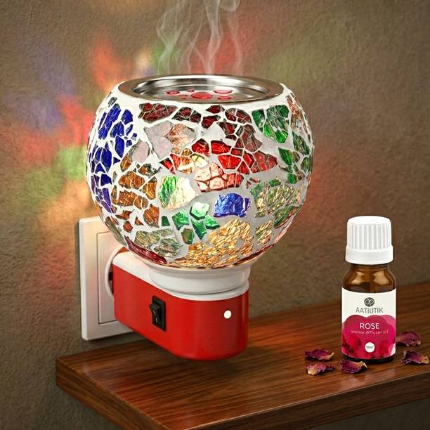 Aatiutik Rose Fragrance Air Freshener Diffuser Electric Mosaic Glass Kapoor Dani Camphor Diffuser with Aroma Oil | Plug-in Camphor Burner Night Lamp Light | Camphor & Essential Oil Diffuser for Home, Office, Pooja & Meditation
